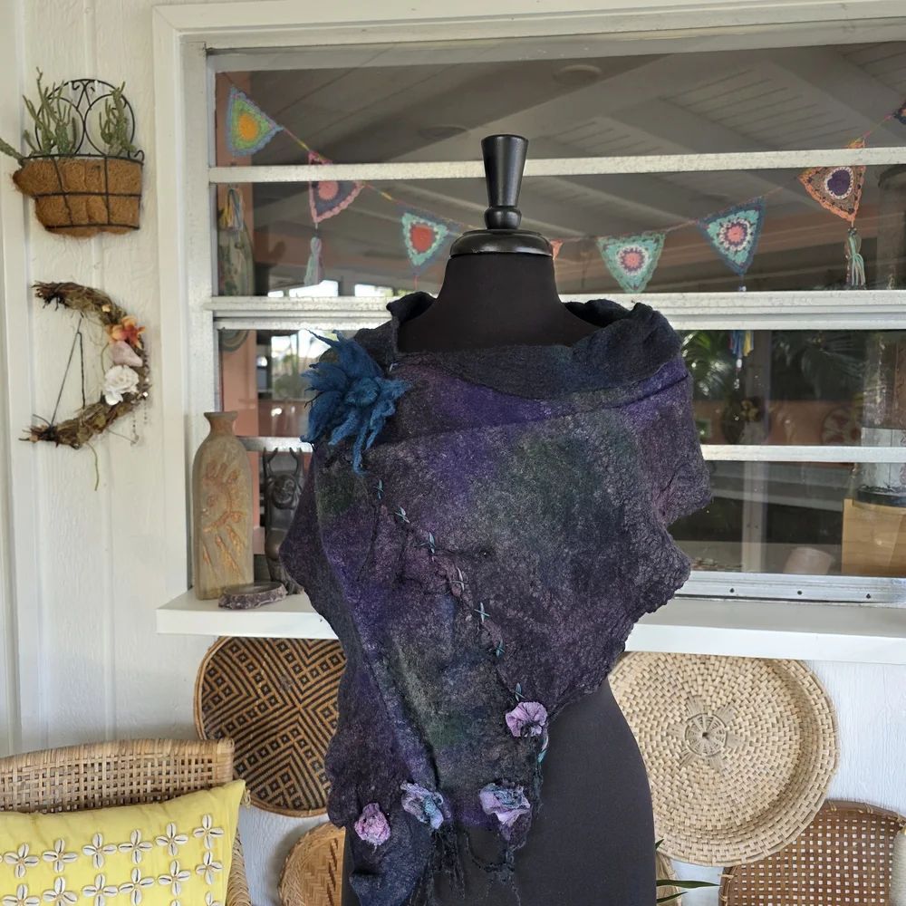 Handmade Nuno Felted Wool Scarf Artisan Boho Chic Bohemian Collar Artsy